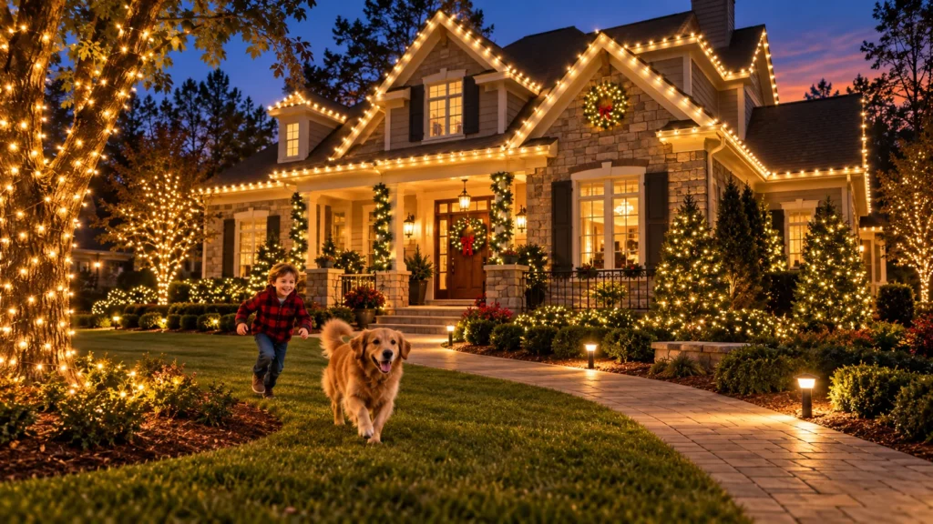 Child and golden retriever enjoying a yard with neatly installed outdoor Christmas lights and clear walkways