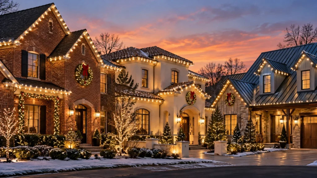Three homes with brick, stucco, and metal-roof surfaces decorated with Christmas lights