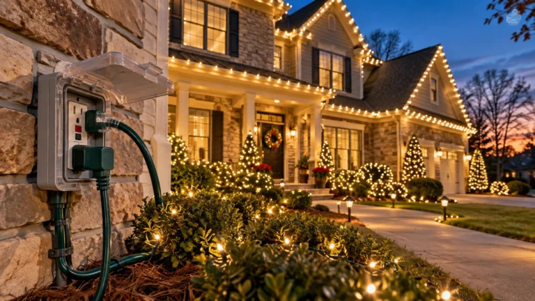 Weather-protected outdoor GFCI outlet supplying warm white Christmas lights on a Cumming, Georgia home
