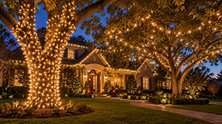 Warm white Christmas lights wrapped around a tree trunk and draped through a second tree canopy