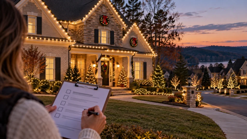Homeowner reviewing an HOA checklist outside a tastefully decorated Forsyth County neighborhood home