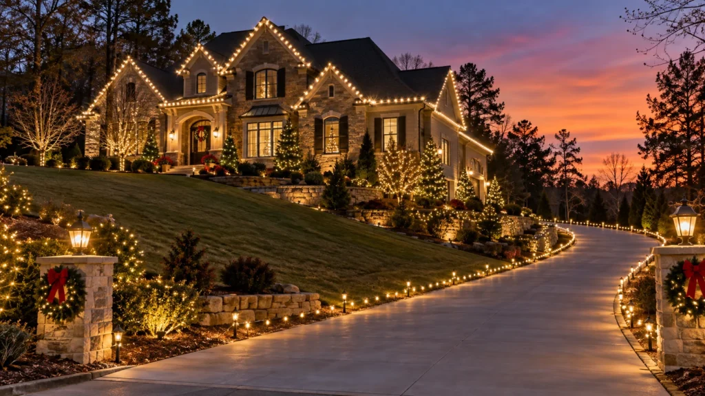 Christmas lights outlining a hillside home and curved long driveway in Forsyth County, Georgia