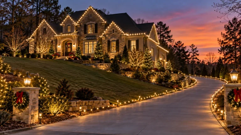 Christmas lights outlining a hillside home and curved long driveway in Forsyth County, Georgia