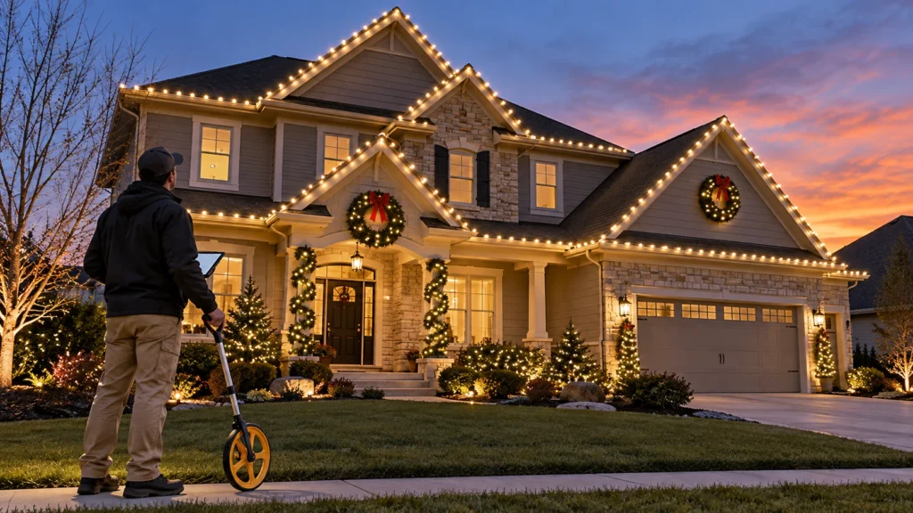Installer measuring a decorated home roofline from the ground for Christmas light length planning