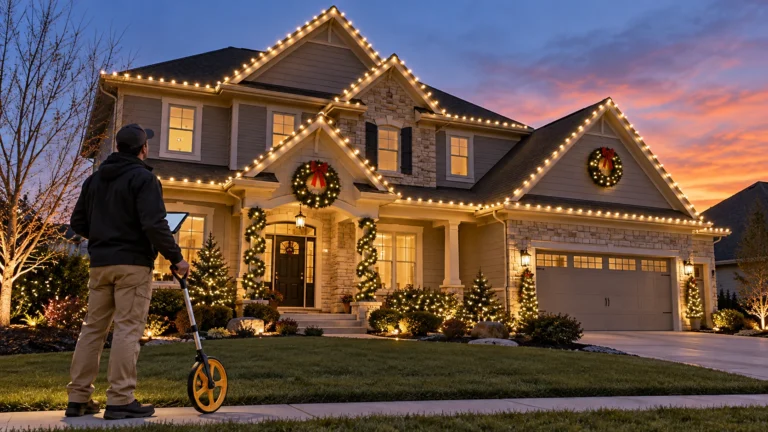 Installer measuring a decorated home roofline from the ground for Christmas light length planning