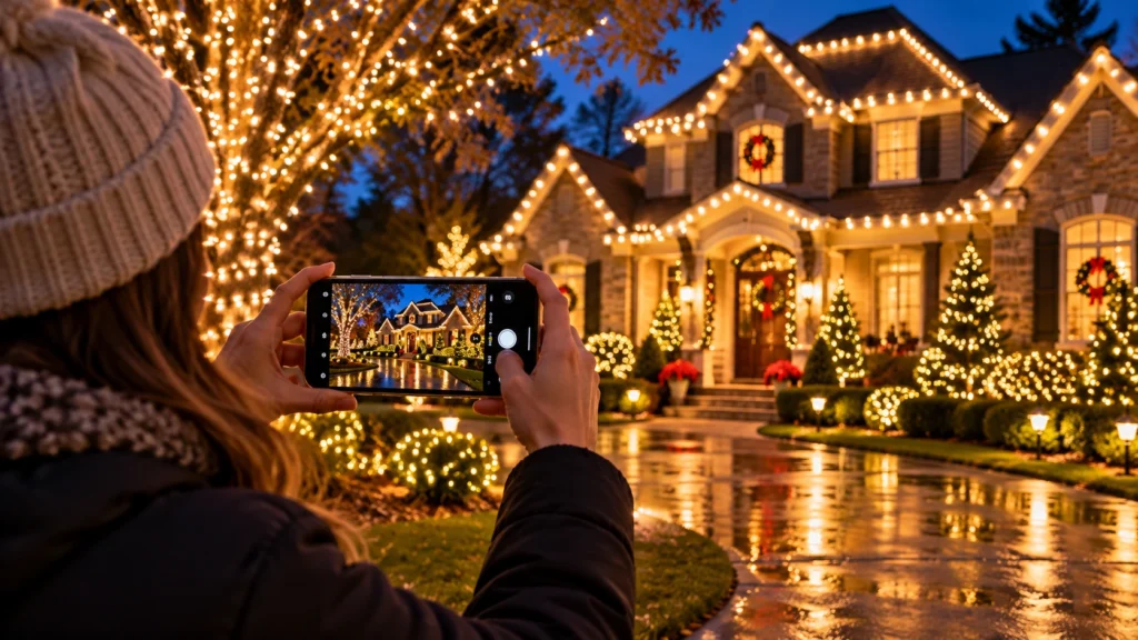 Person photographing a brightly decorated Christmas light display with a smartphone at night