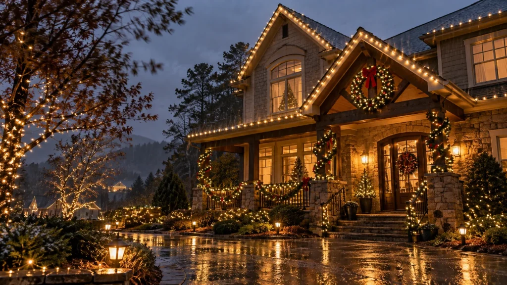 Outdoor Christmas lights illuminating a North Georgia home during rainy and windy evening weather
