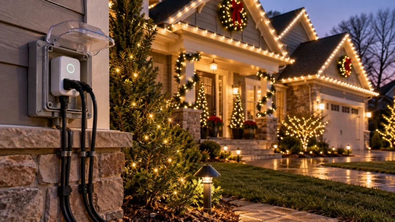 Outdoor smart plug and protected electrical connections controlling a home Christmas light display
