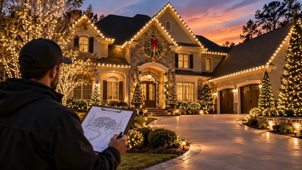 Christmas lighting professional reviewing a home installation plan and roofline lighting at dusk
