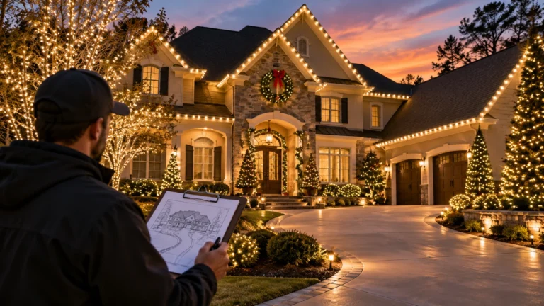 Christmas lighting professional reviewing a home installation plan and roofline lighting at dusk