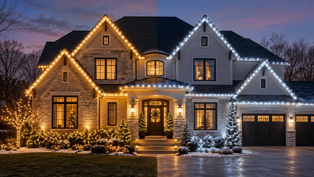 Side-by-side warm white and cool white Christmas lights illuminating a home exterior at dusk